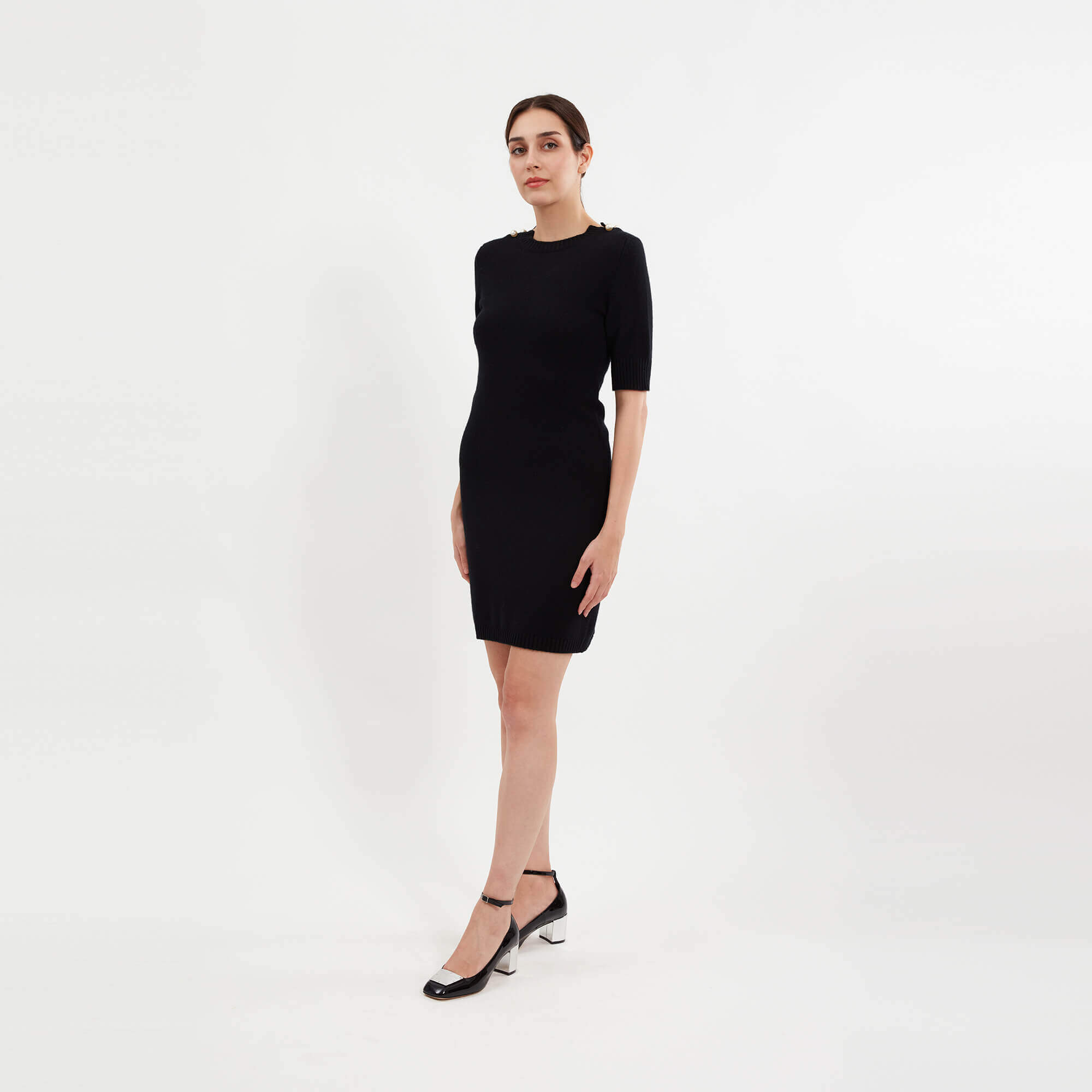 Chanel - Black Cashmere CC Pearl Detail Short Sleeve Dress 